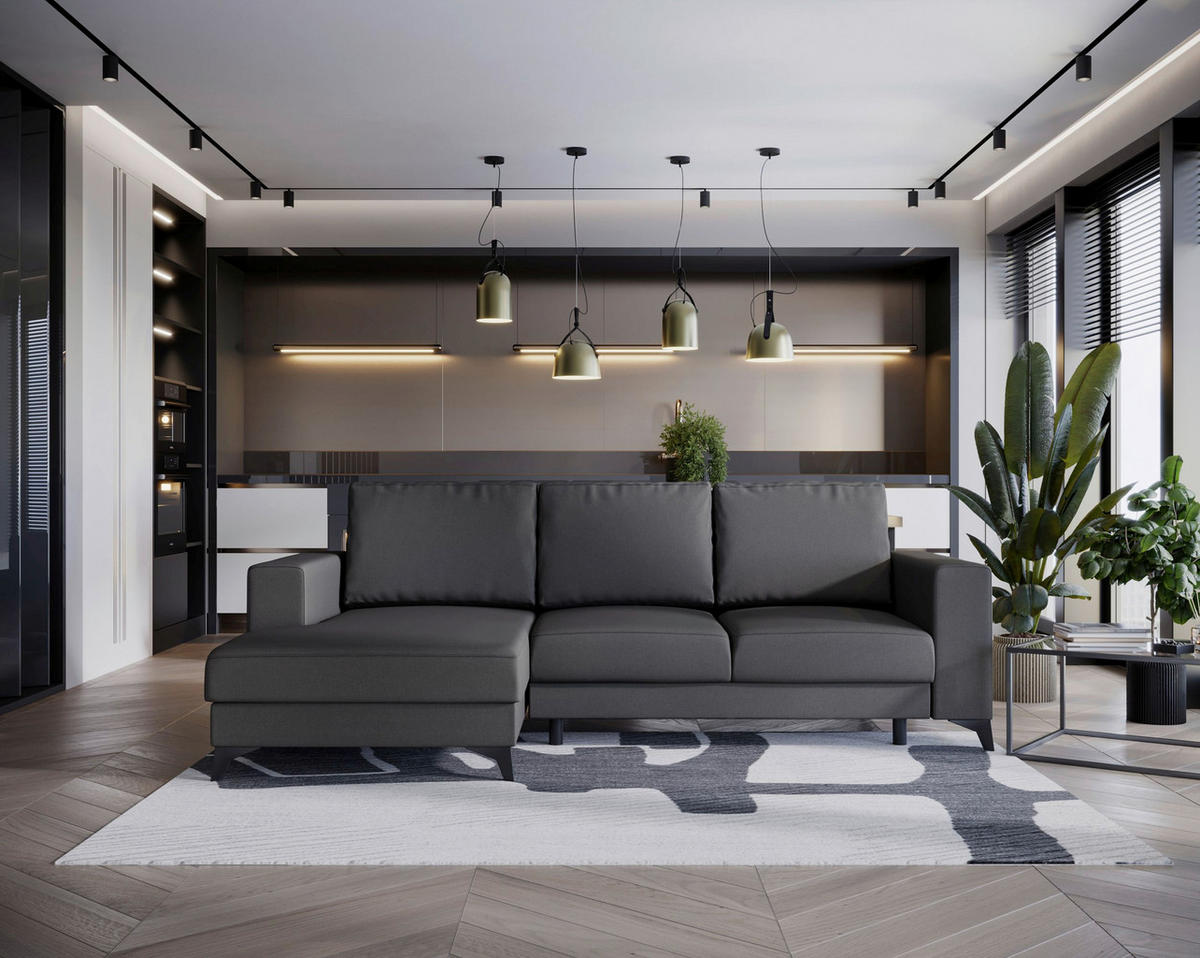 ECKSOFA Flachgewebe Grau  - Schwarz/Grau, Design, Textil/Metall (156/244cm) - Livetastic