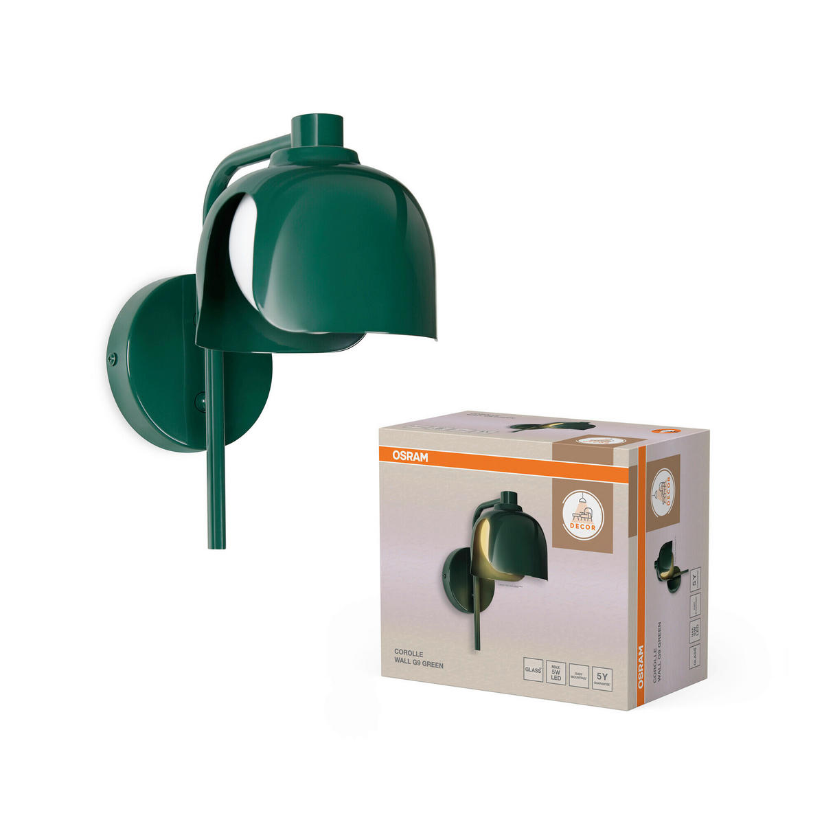 WANDLEUCHTE 13,5/21/24,5 cm   - Grün, Basics, Glas/Metall (13,5/21/24,5cm) - Osram