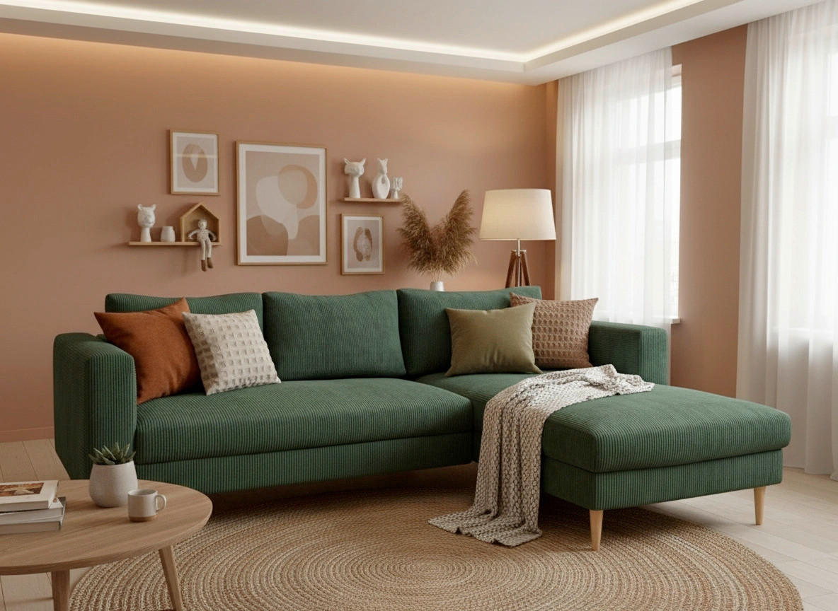 ECKSOFA Dunkelgrün Cord  - Dunkelgrün/Buchefarben, MODERN, Holz/Textil (232/161cm) - Trendmanufaktur