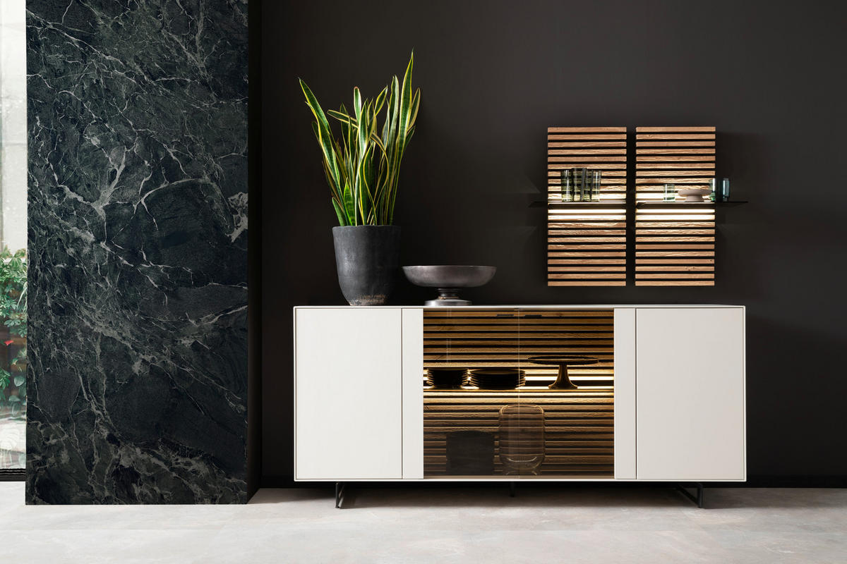 SIDEBOARD YONNA Weiss, Eichefarben  203/80/44 cm  - Weiss/Eichefarben, Design, Glas/Holz (203/80/44cm) - Schöner Wohnen