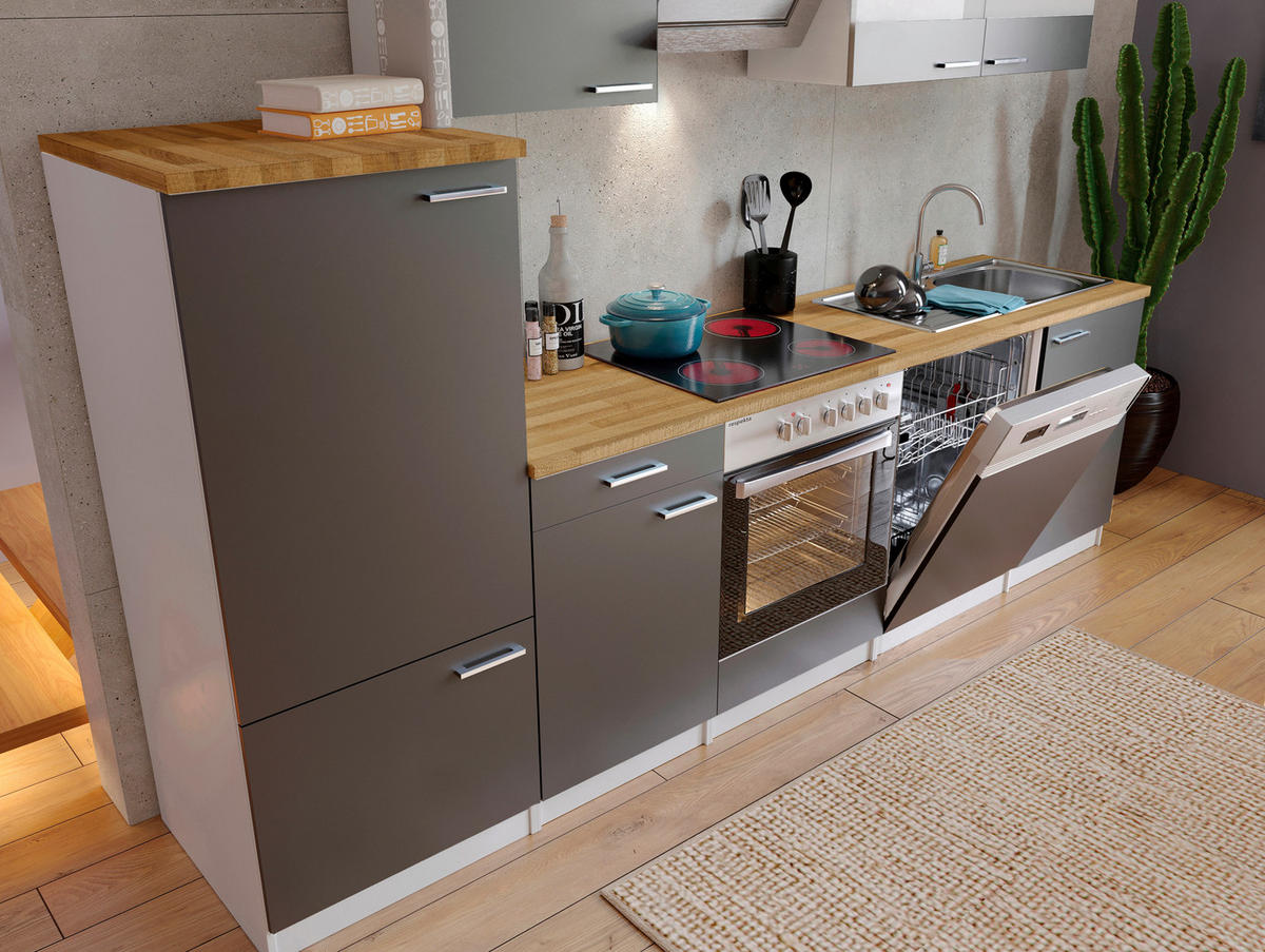 KÜCHENBLOCK 280 cm   in Grau  - Edelstahlfarben/Nussbaumfarben, Basics, Holzwerkstoff/Metall (280cm) - Respekta