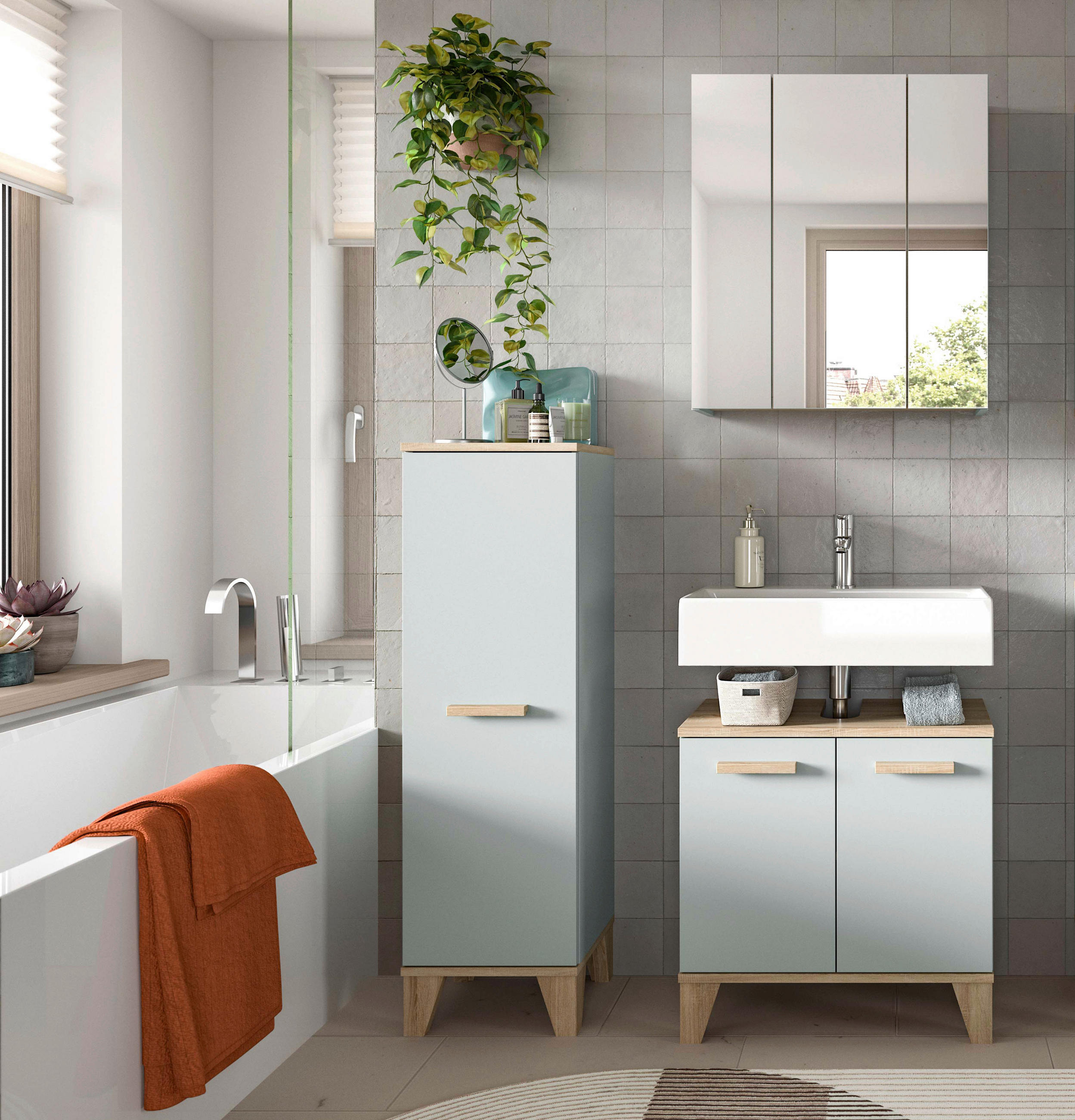 BADEZIMMER 3-teilig 94 cm - Eiche San Remo/Graugrün, Modern, Holzwerkstoff/Kunststoff (94cm) - MID.YOU