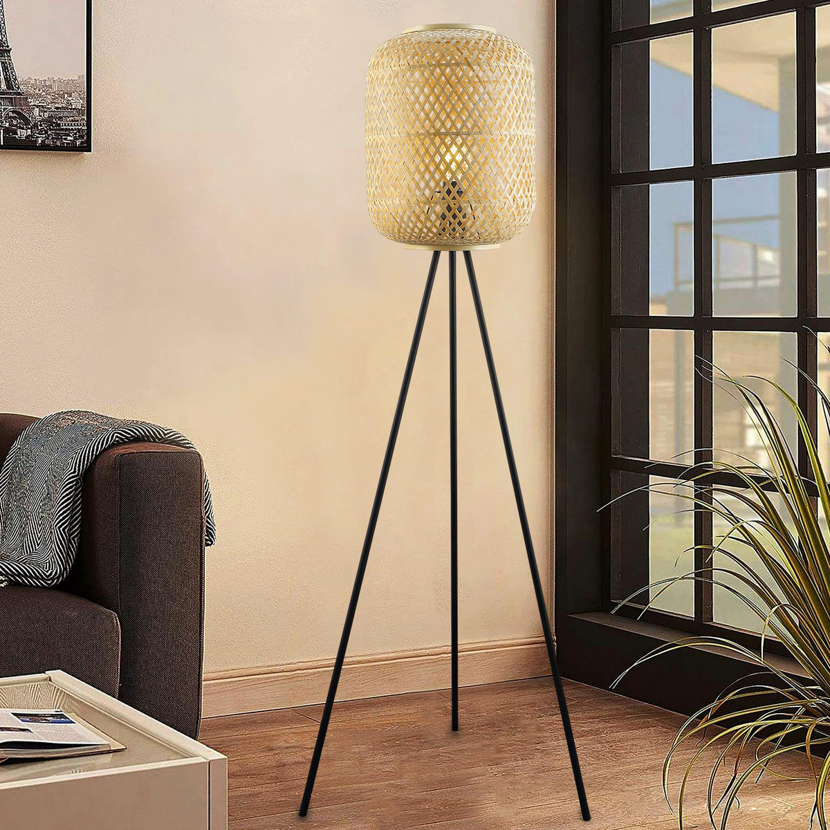 STOJACÍ LAMPA, 62/165 cm  - černá/přírodní barvy, Trend, kov/přírodní materiály (62/165cm) - Novel