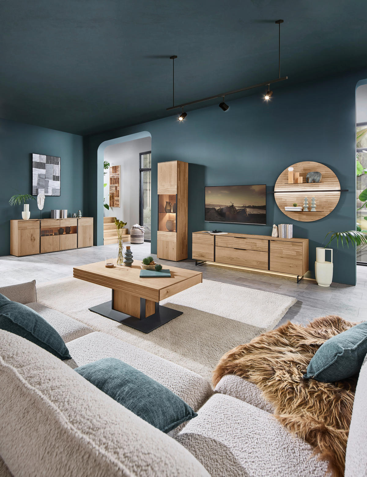 WOHNWAND  in Eichefarben  318/206/44 cm  - Eichefarben/Anthrazit, Natur, Glas/Holz (318/206/44cm) - Valnatura