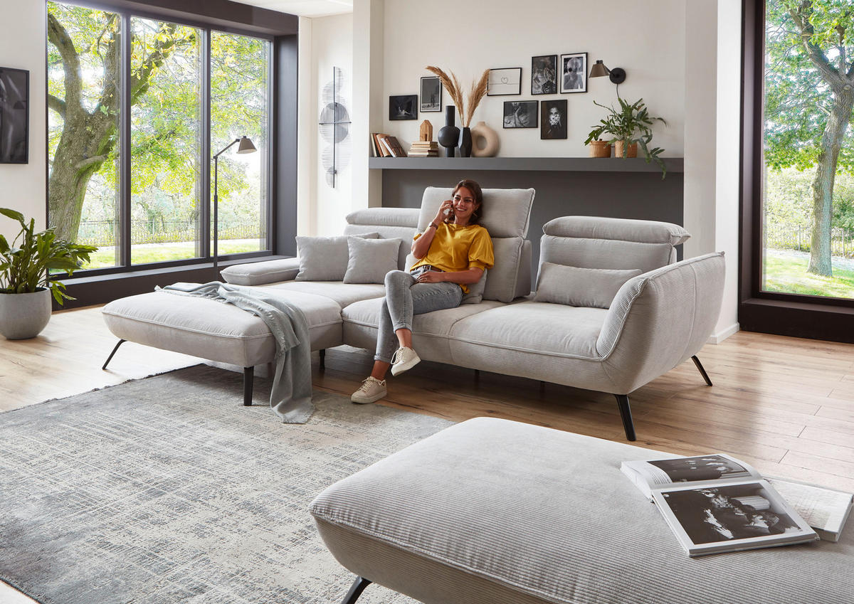 ECKSOFA Hellgrau Cord  - Hellgrau/Schwarz, Design, Textil/Metall (196/301cm) - Moderano
