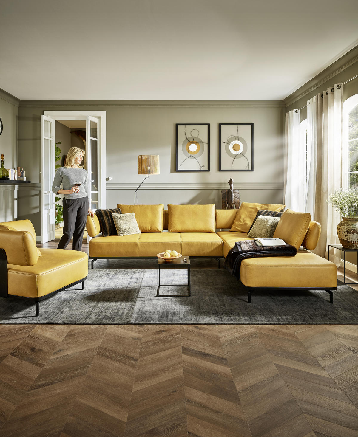 ECKSOFA in Echtleder Dunkelgelb  - Dunkelgelb/Schwarz, Design, Leder/Metall (302/237cm) - Dieter Knoll