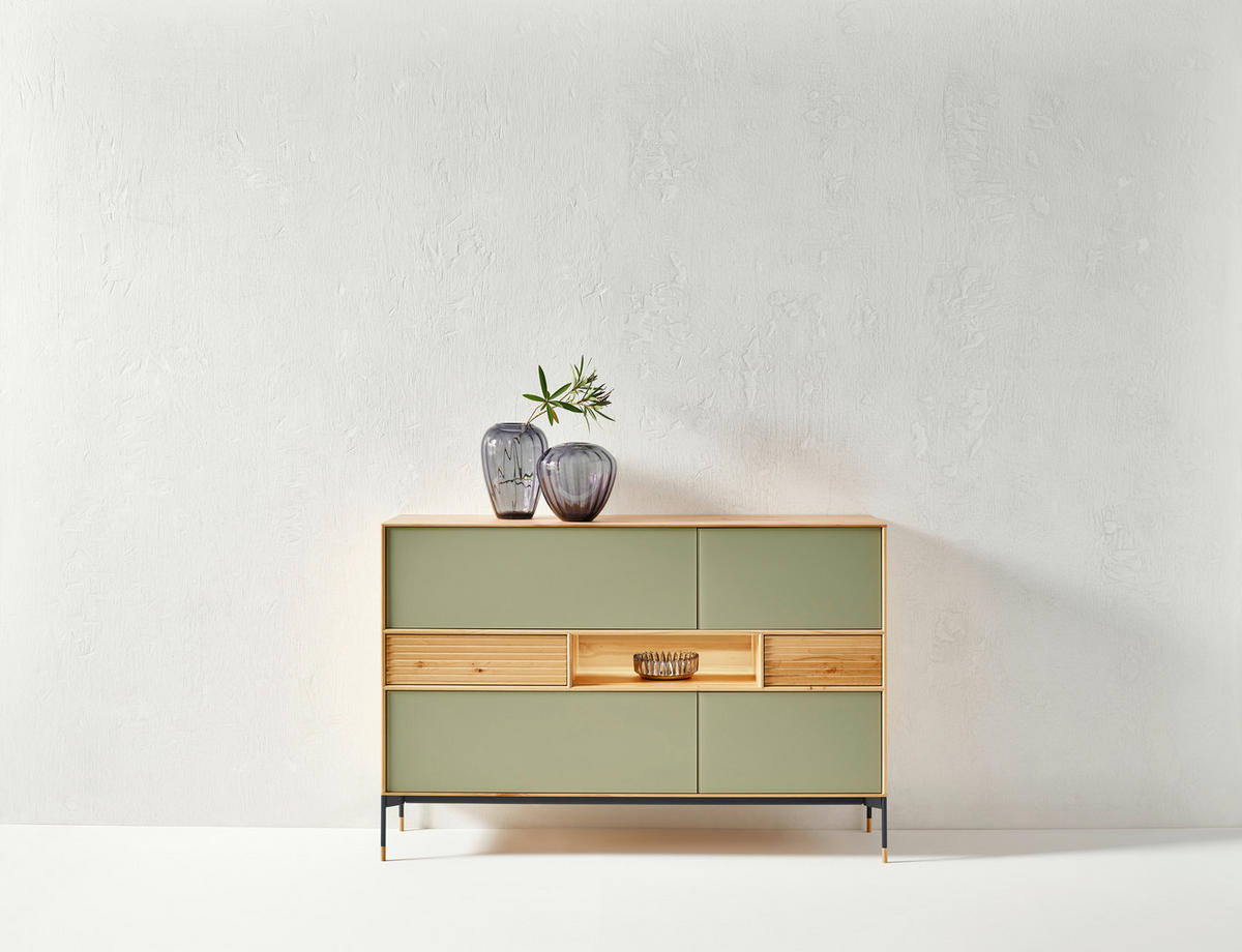 SIDEBOARD Salbeigrün, Buchefarben  158,1/89,8/47 cm  - Salbeigrün/Buchefarben, Design, Glas/Holz (158,1/89,8/47cm) - Anrei