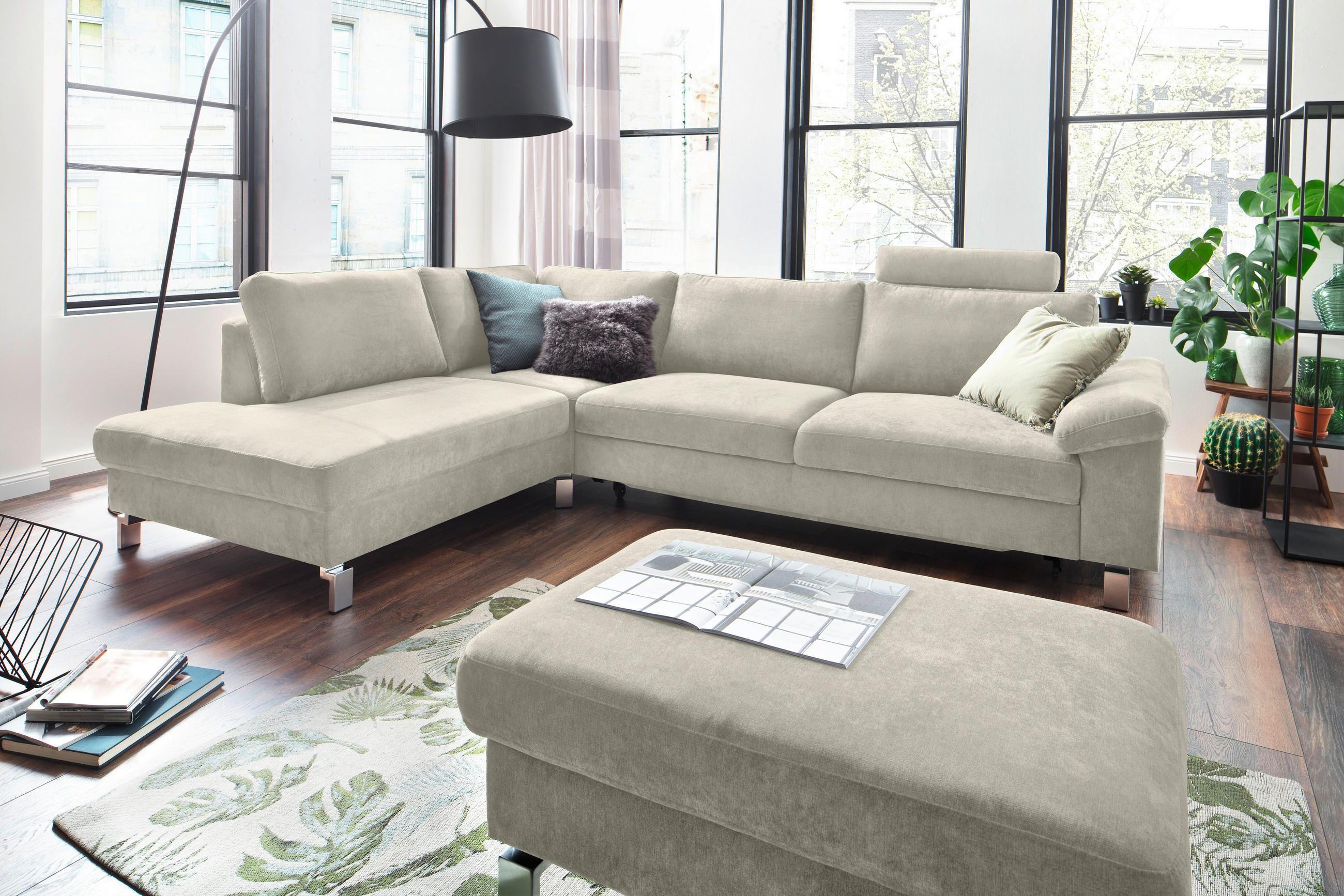 ECKSOFA in Velours Creme  - Chromfarben/Creme, Design, Textil/Metall (200/281cm) - Hom`in