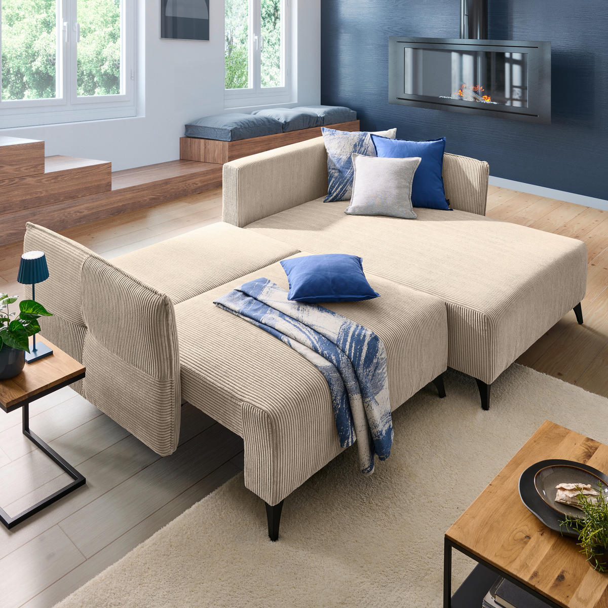ECKSOFA Beige Cord  - Beige/Schwarz, Design, Textil/Metall (254/175cm) - Stylife