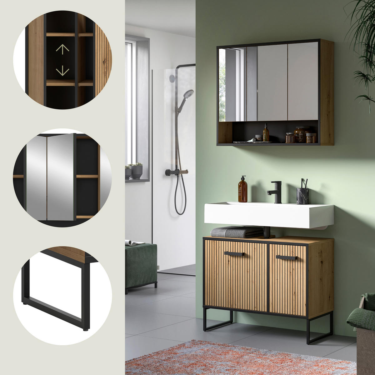 BADRUM 80 cm  - svart/ek Artisan, Trend, metall/trämaterial (80cm) - MID.YOU