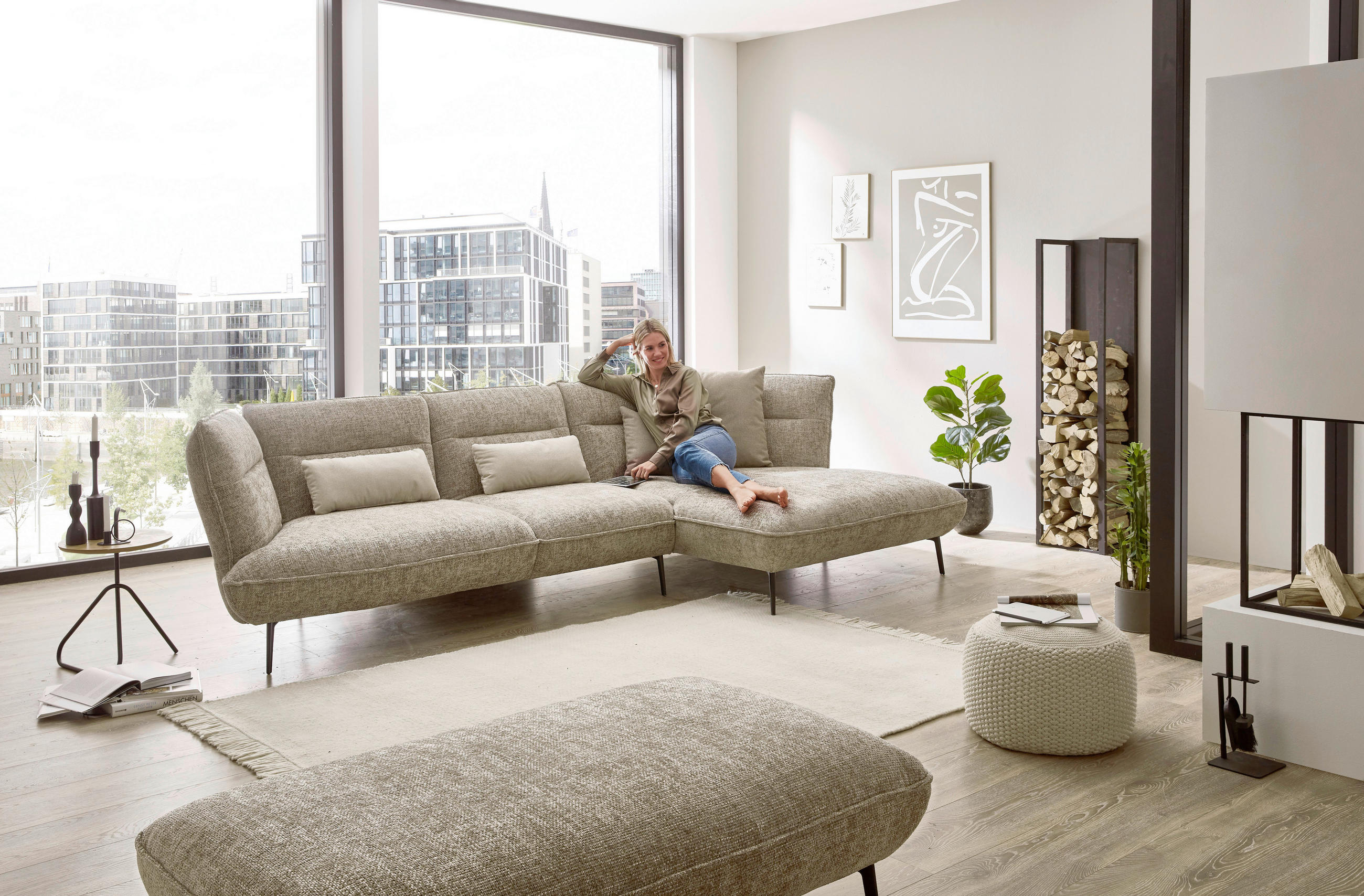 ECKSOFA in Flachgewebe Taupe  - Taupe/Schwarz, Design, Textil/Metall (339/153cm) - Moderano