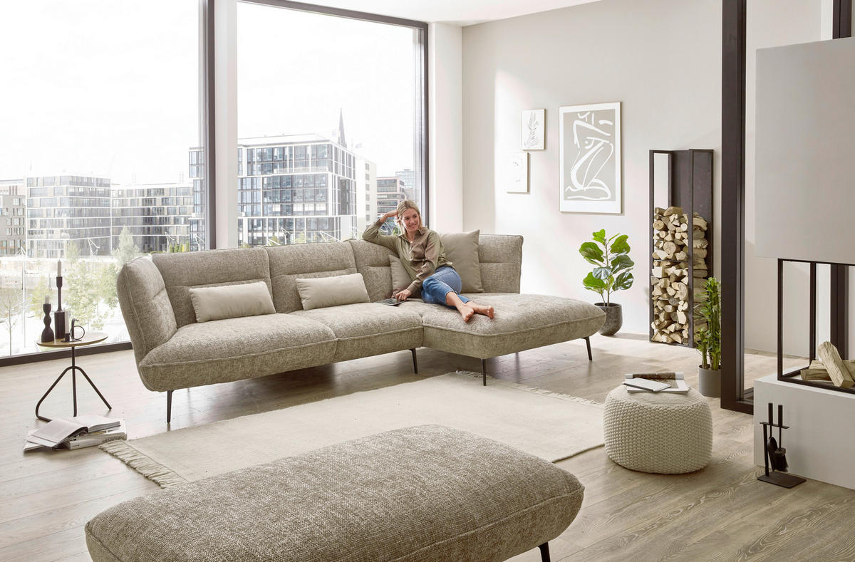ECKSOFA in Flachgewebe Taupe  - Taupe/Schwarz, Design, Textil/Metall (339/153cm) - Moderano