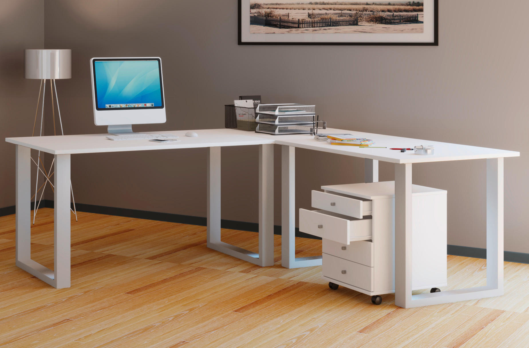 BUREAU D'ANGLE 190/50/76 cm  in blanc  - blanc, Modern, métal/matériau de bois (190/50/76cm) - MID.YOU