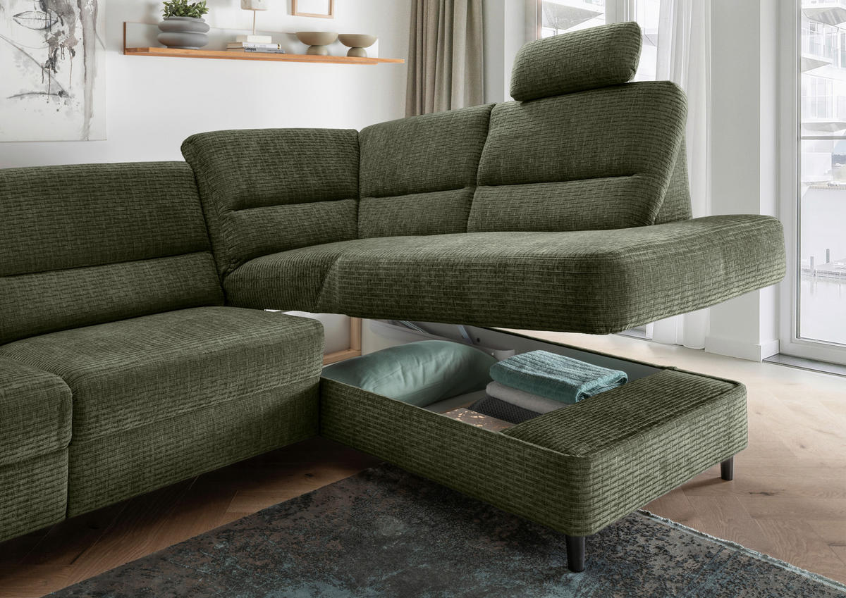 ECKSOFA in Mikrofaser Olivgrün  - Schwarz/Olivgrün, Modern, Holz/Textil (266/190cm) - Livetastic