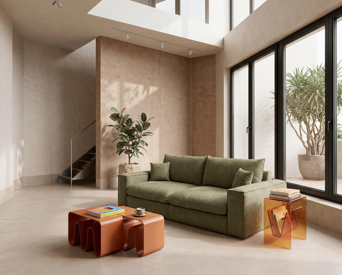 BIGSOFA Chenille Olivgrün  - Schwarz/Olivgrün, MODERN, Kunststoff/Textil (255/76/117cm) - Milino