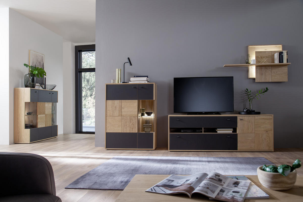 HYLLKOMBINATION  i antracit, ek Bianco  328/193/50 cm  - ek Bianco/svart, Design, metall/trämaterial (328/193/50cm) - MID.YOU