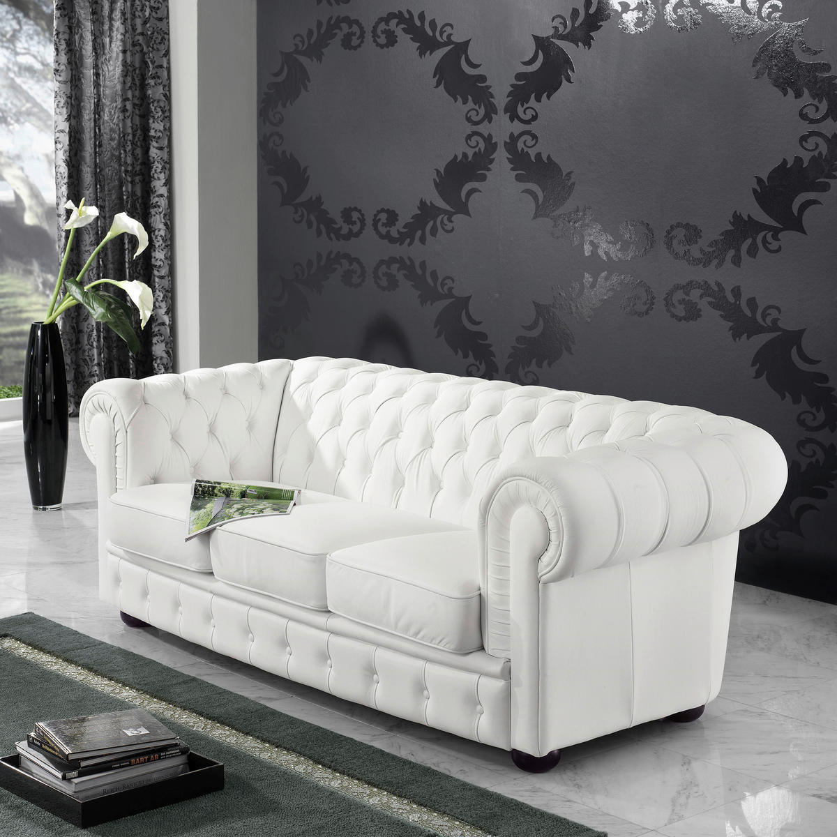 CHESTERFIELD-DREISITZER-SOFA Weiß Echtleder  - Nussbaumfarben/Weiß, Design, Leder/Holz (200/76/98cm) - Max Winzer