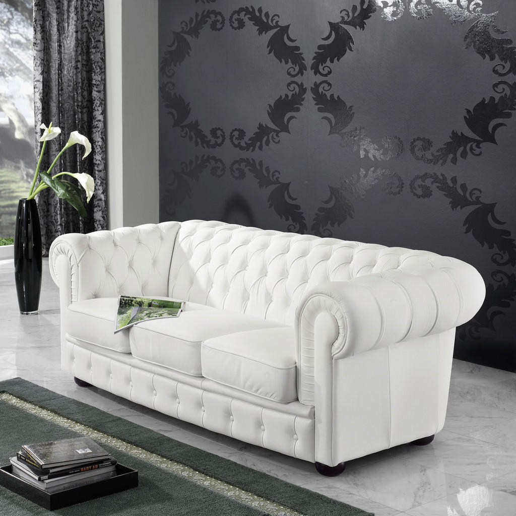 Thumbnail - Max Winzer Chesterfield-Dreisitzer-Sofa, Weiß, Leder, Echtleder, Nappaleder, 3-Sitzer, 200x76x98 cm, Goldenes M, Made in...