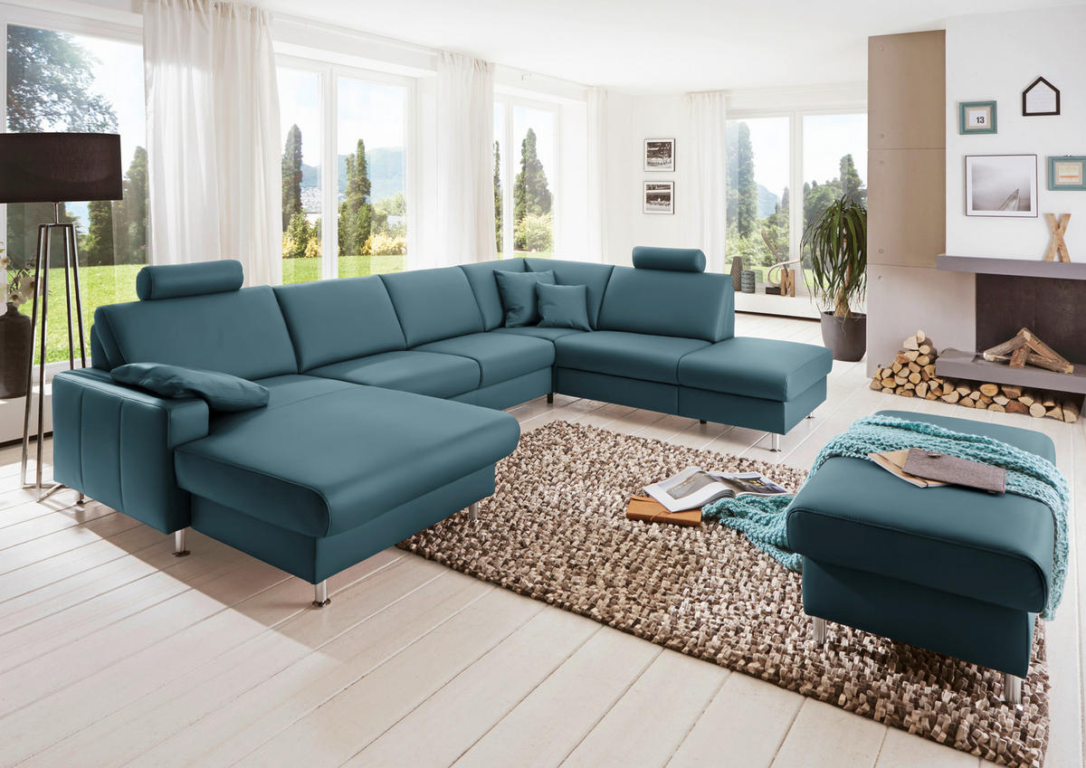 WOHNLANDSCHAFT in Echtleder Blau  - Blau/Alufarben, Design, Leder/Metall (165/339/233cm) - Beldomo Premium