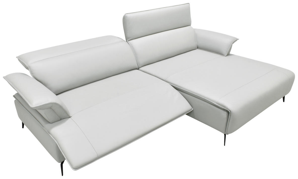 ECKSOFA Hellgrau Echtleder Rückenkissen, Armlehnenkissen, Rücken echt, Kopfteilverstellung, Sitztiefenverstellung, Fußteilverstellung  - Hellgrau/Schwarz, Design, Leder/Metall (280/75-100/112-176cm) - Celina Home
