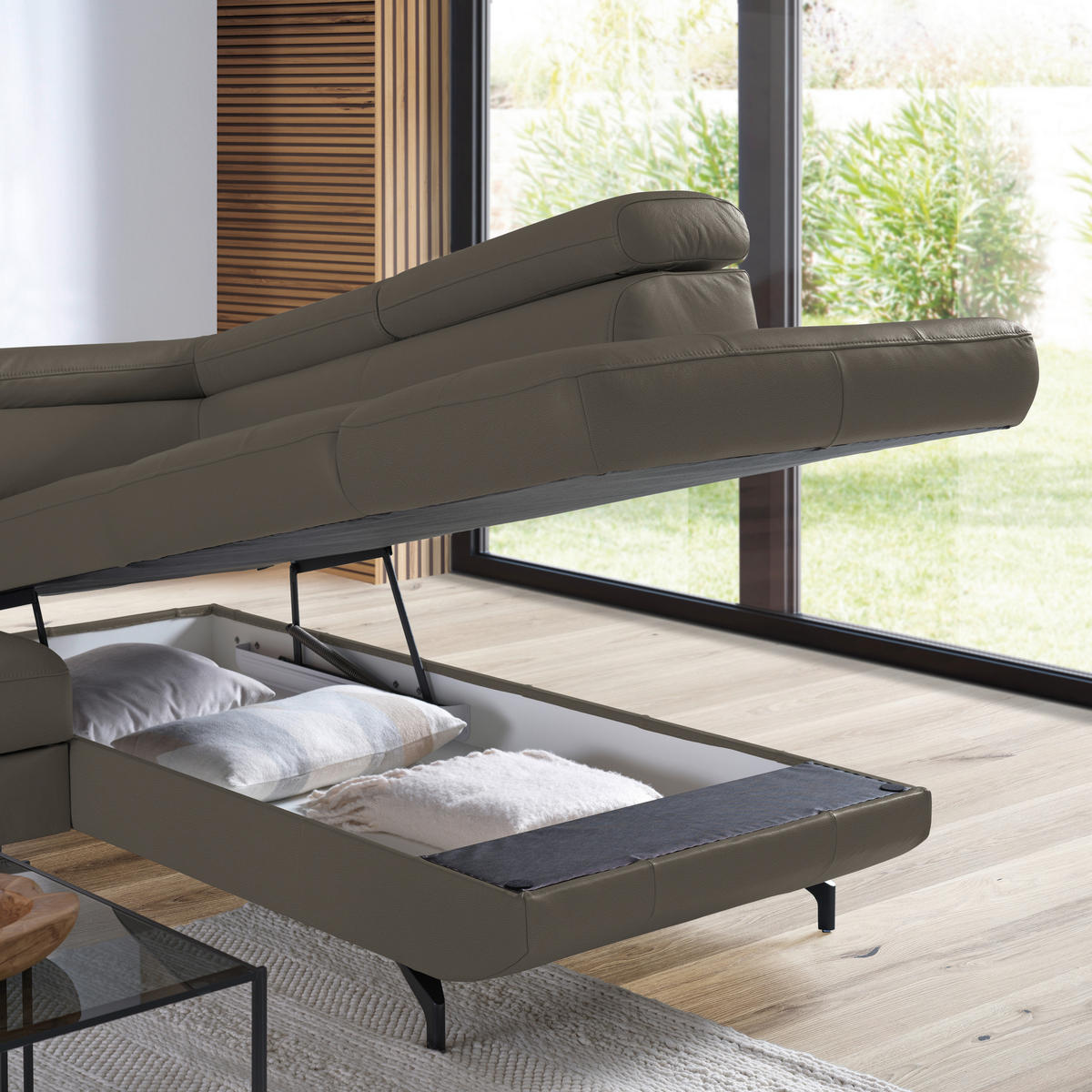 ECKSOFA in Echtleder Graubraun  - Graubraun/Schwarz, Design, Leder/Metall (270/220cm) - Novel