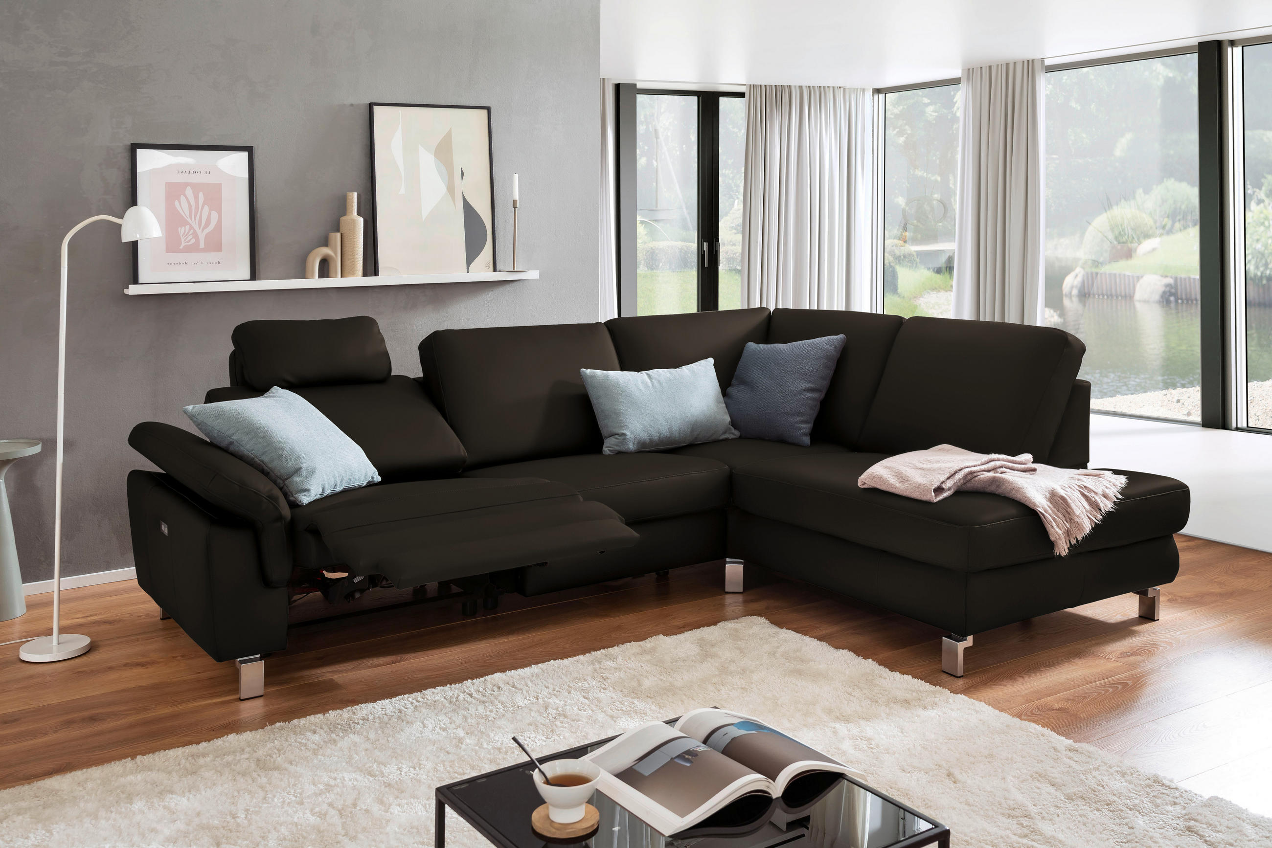 ECKSOFA in Echtleder Schwarz  - Chromfarben/Schwarz, Design, Leder/Metall (271/200cm) - Pure Home Lifestyle