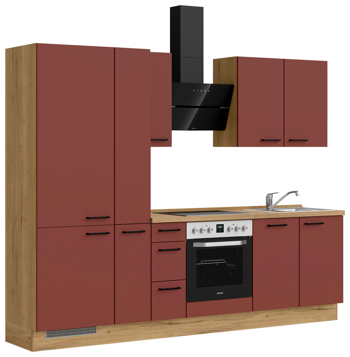KÜCHENBLOCK Easytouch 270 cm  in Eichefarben, Dunkelrot  - Eichefarben/Schwarz, MODERN, Holzwerkstoff/Metall (270cm) - Nobilia