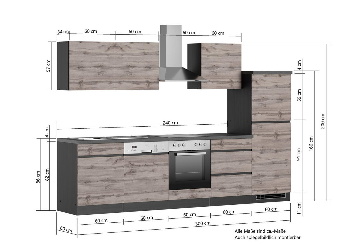 KÜCHENBLOCK 300 cm   in Graphitfarben, Eiche Wotan  - Eiche Wotan/Graphitfarben, Design, Holzwerkstoff (300cm) - Held