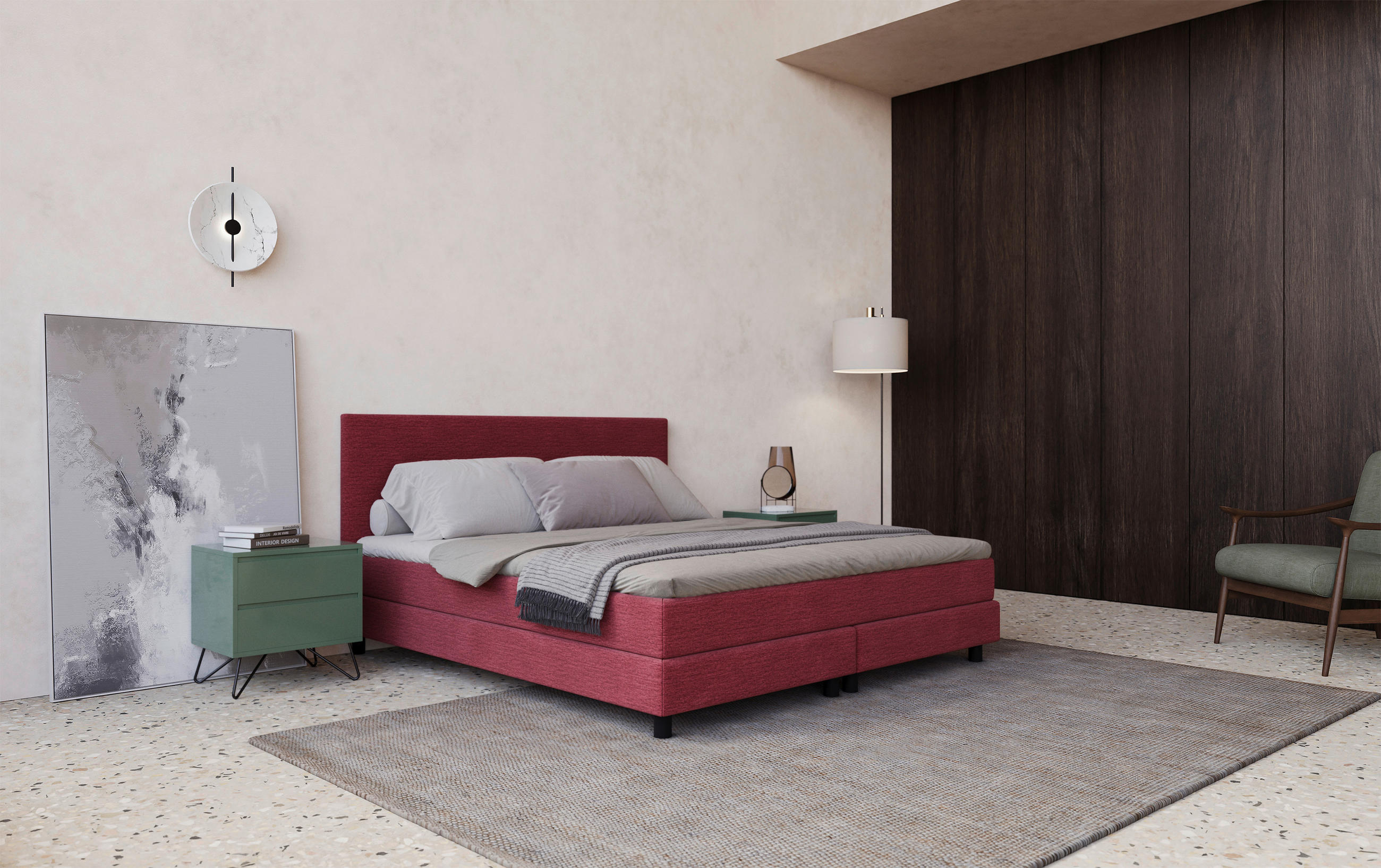 Thumbnail - Mid.you Boxbett, Beere, Textil, H3, Höhe ca. 20 cm, 160x200 cm, Fsc, gepolstertes Kopfteil, Stoffauswahl, Topper durchge...