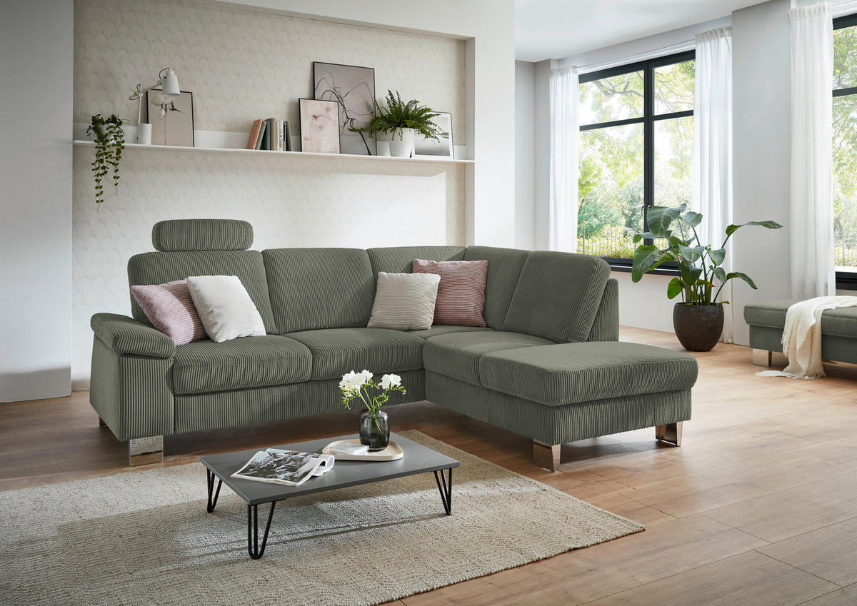 ECKSOFA in Cord Olivgrün  - Edelstahlfarben/Olivgrün, Konventionell, Textil/Metall (248/200cm) - Beldomo System