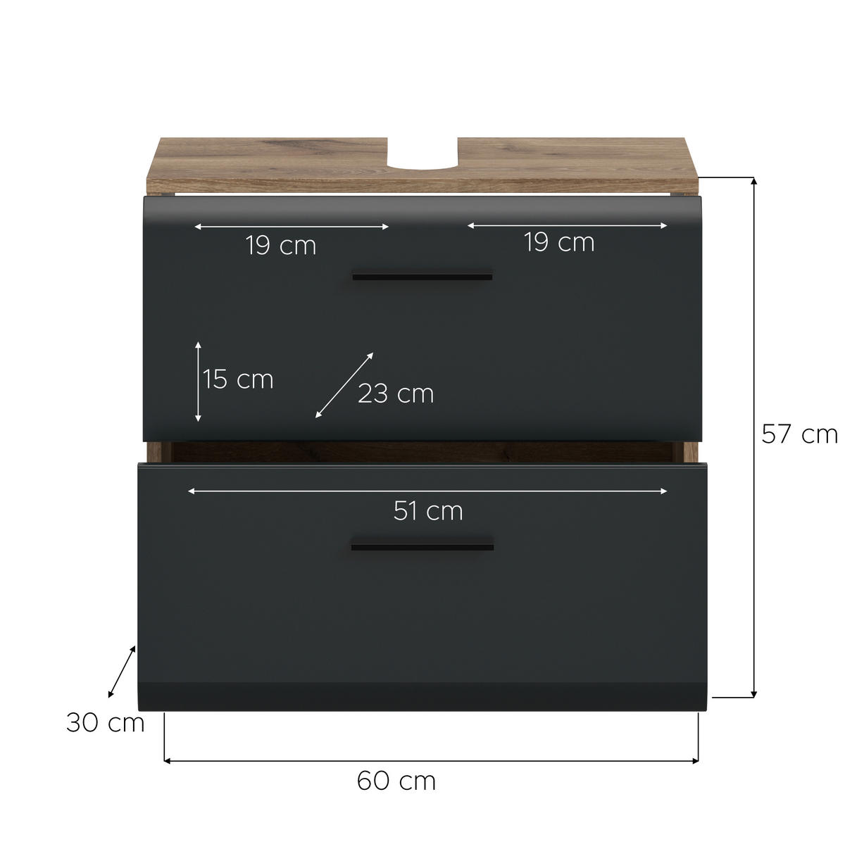 WASCHBECKENUNTERSCHRANK 60/58/30 cm  - Eiche dunkel/Schwarz, Trend, Holzwerkstoff/Kunststoff (60/58/30cm) - MID.YOU