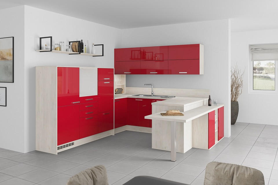U-Küchen Lp4050 Rot 298x294x255 cm mit Griffen