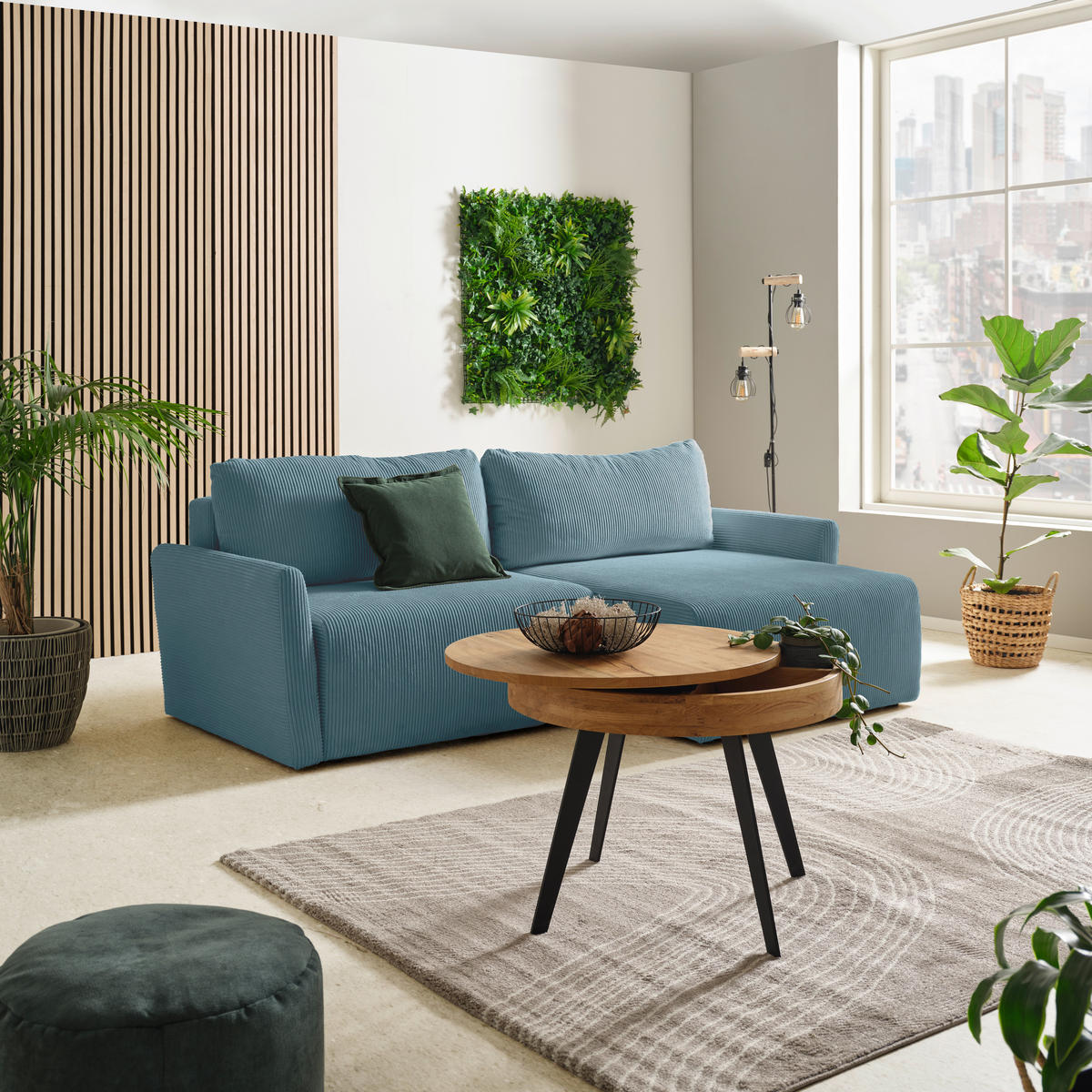 ECKSOFA Cord Hellblau  - Schwarz/Hellblau, Konventionell, Kunststoff/Textil (228/146cm) - MID.YOU