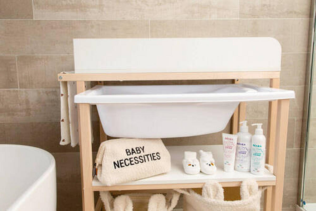 WICKELTISCH 2in1 Set Wickeltisch + Badewanne Weiß, Buchefarben  - Buchefarben/Weiß, KONVENTIONELL, Holzwerkstoff/Kunststoff (91,5/53,5/106,5cm) - Childhome