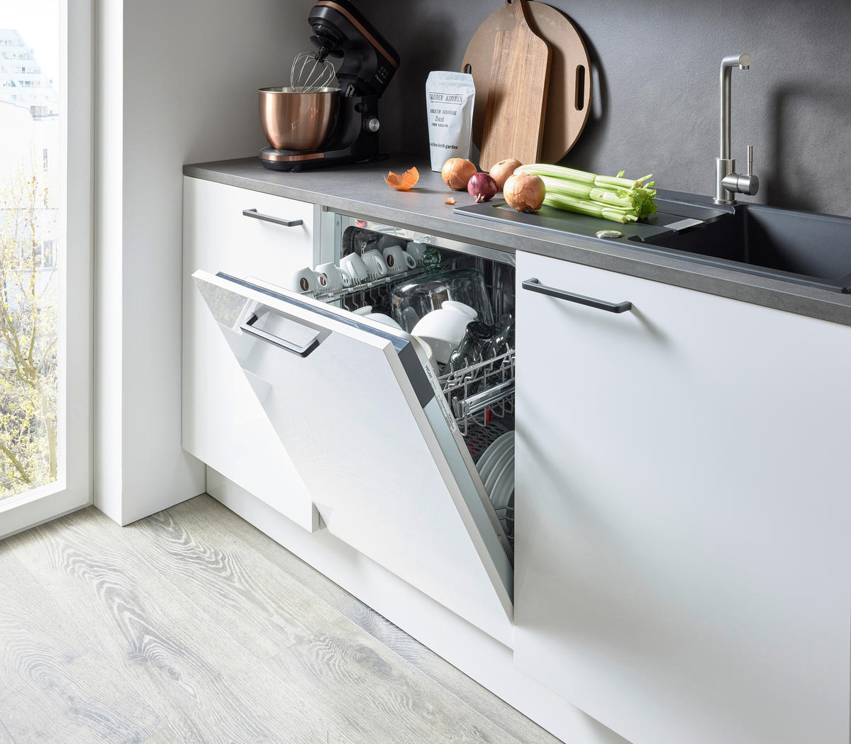 EINBAUKÜCHE L16  - Weiß Hochglanz/Grau, Design, Holzwerkstoff - Dieter Knoll