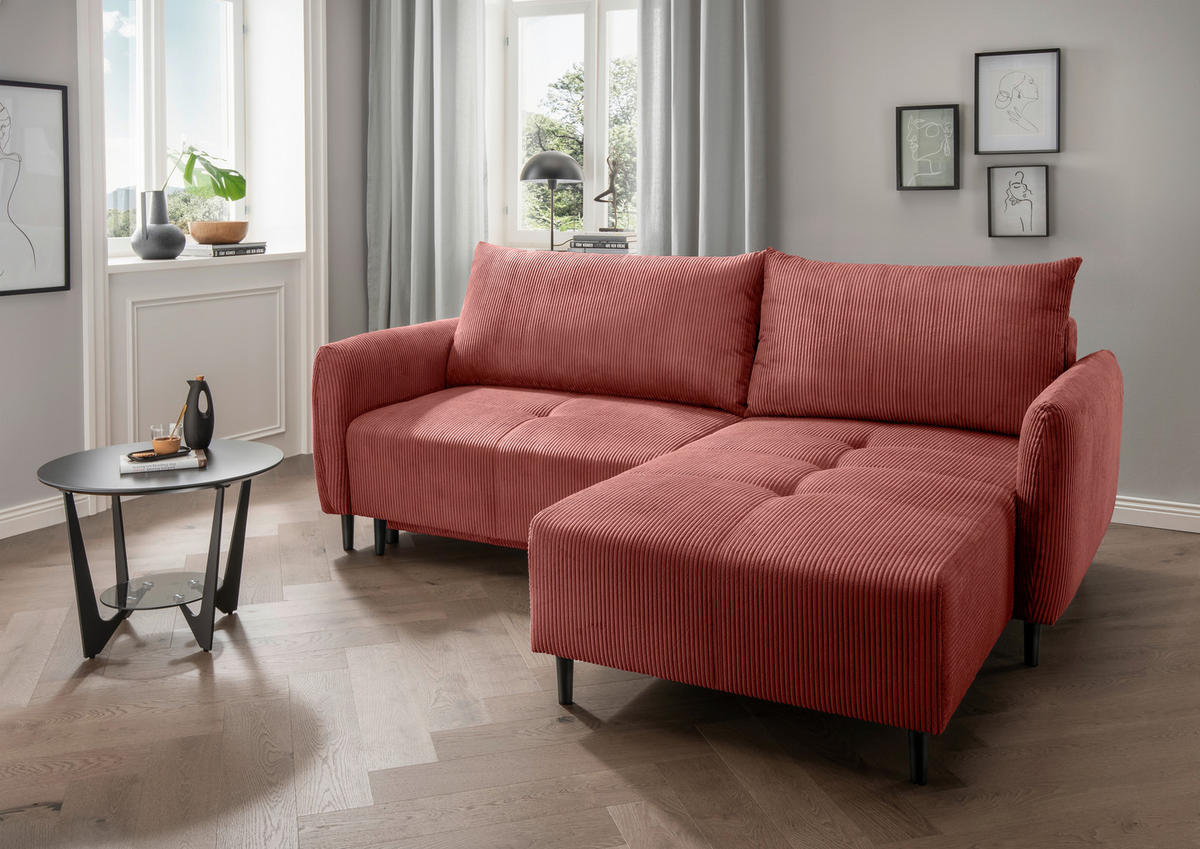 ECKSCHLAFSOFA in Cord Koralle  - Koralle/Schwarz, Basics, Holz/Textil (238/174cm) - Livetastic