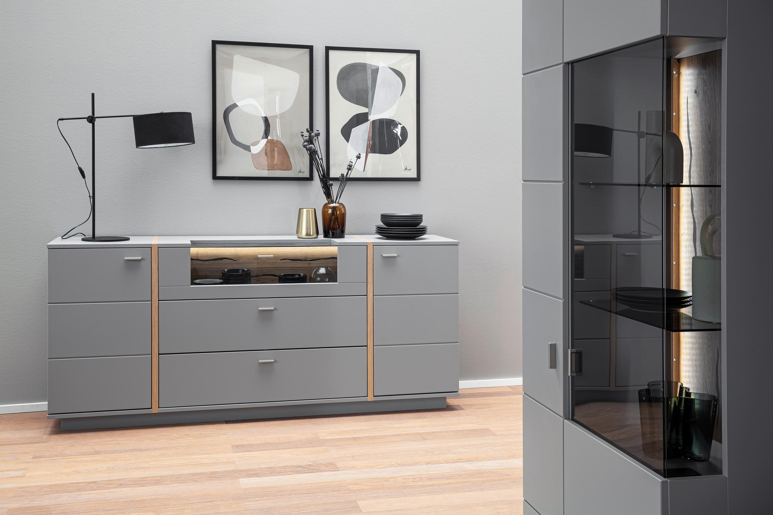 SIDEBOARD  in 196/87/44 cm  - Eichefarben/Grau, Design, Glas/Holzwerkstoff (196/87/44cm) - MID.YOU