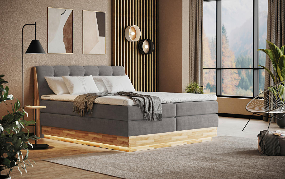 BOXSPRING-ÁGY 160/200 cm  világosszürke  - világosszürke/fekete, Natur, textil/fa (160/200cm)