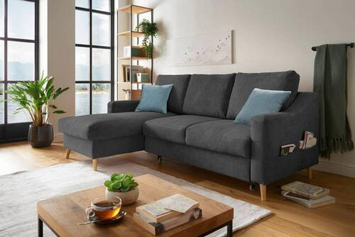 ECKSOFA in Mikrofaser Schwarz  - Blau/Schwarz, Design, Holz/Textil (150/228cm) - MID.YOU