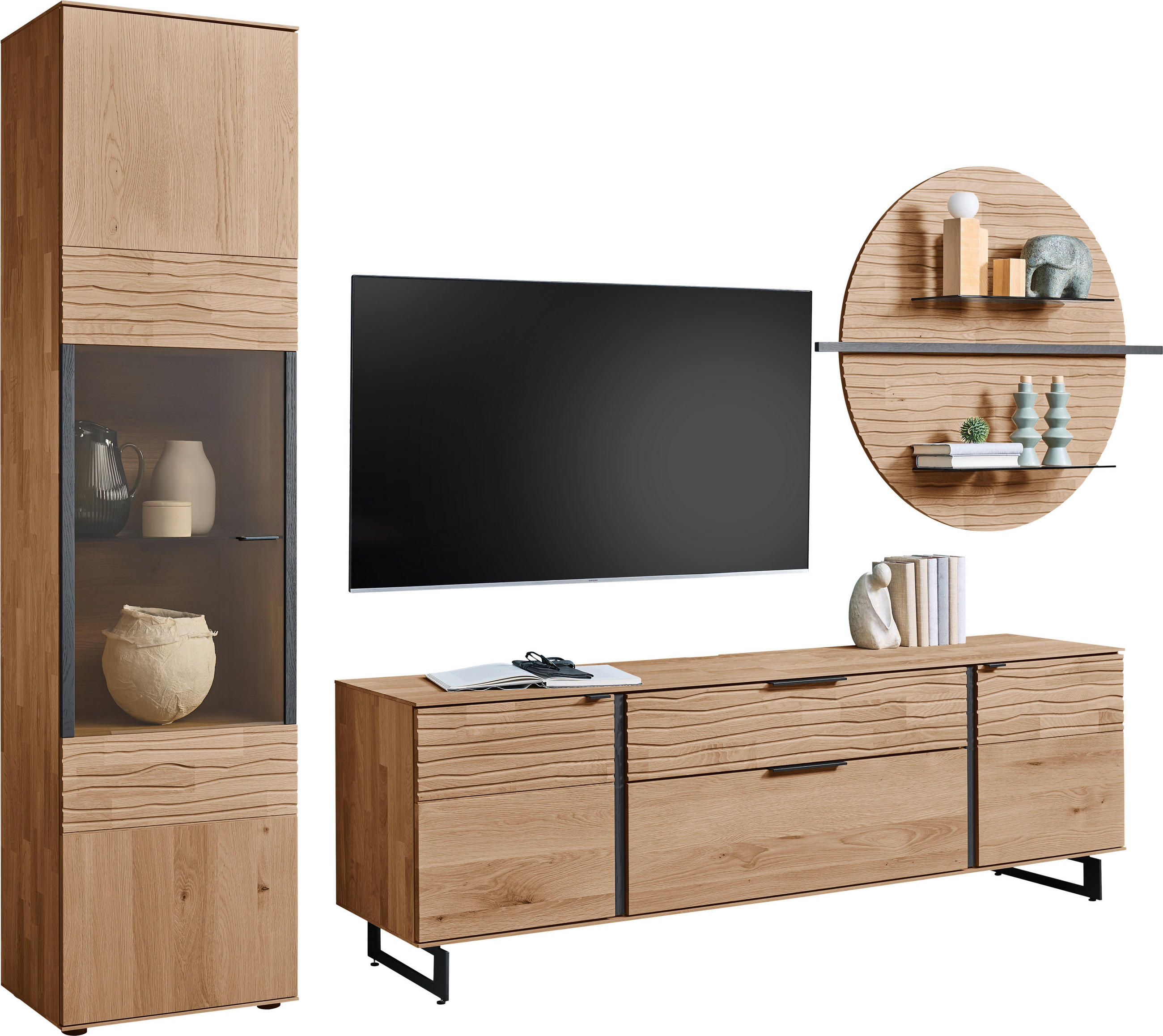 WOHNWAND  in Eichefarben  318/206/44 cm  - Eichefarben/Anthrazit, Natur, Glas/Holz (318/206/44cm) - Valnatura