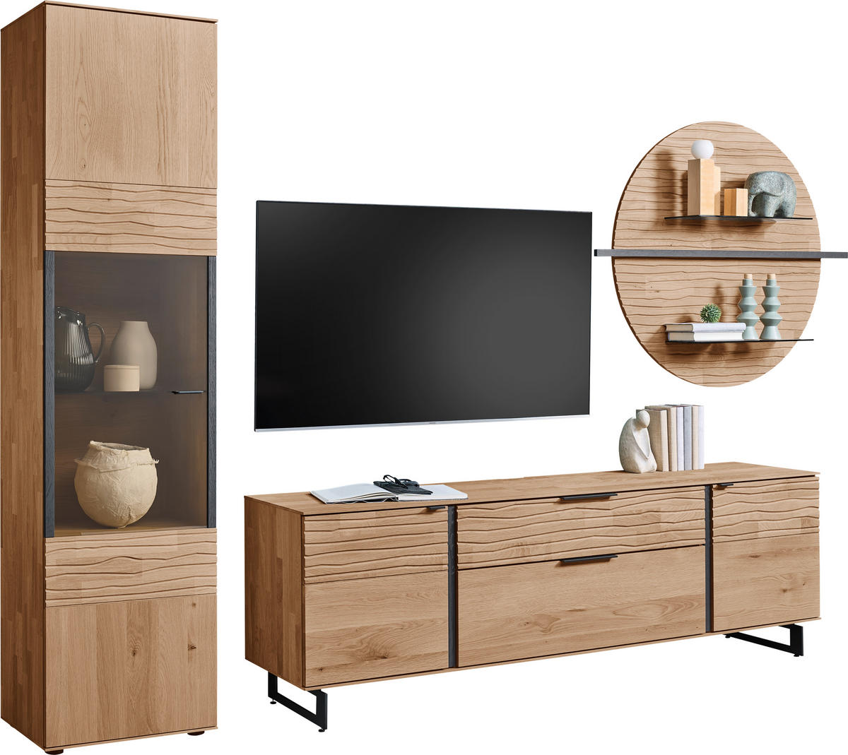 WOHNWAND  in Eichefarben  318/206/44 cm  - Eichefarben/Anthrazit, Natur, Glas/Holz (318/206/44cm) - Valnatura