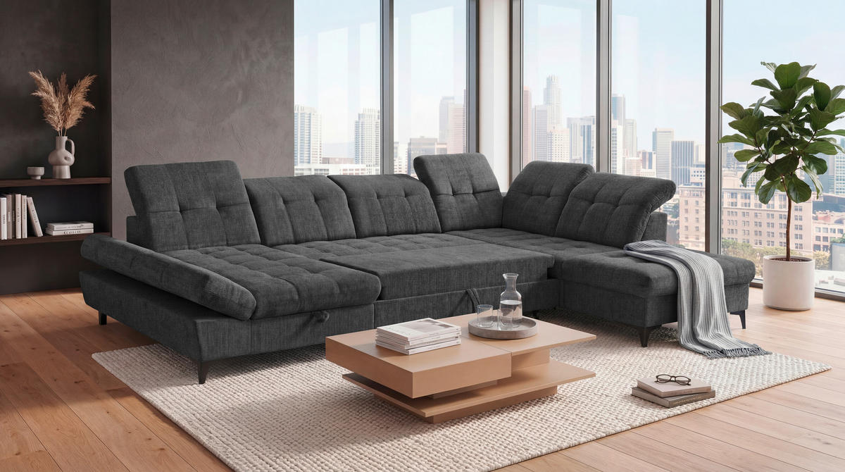 WOHNLANDSCHAFT MERCY Graphitfarben Mikrovelours  - Schwarz/Graphitfarben, MODERN, Kunststoff/Textil (169/348/245cm) - MID.YOU