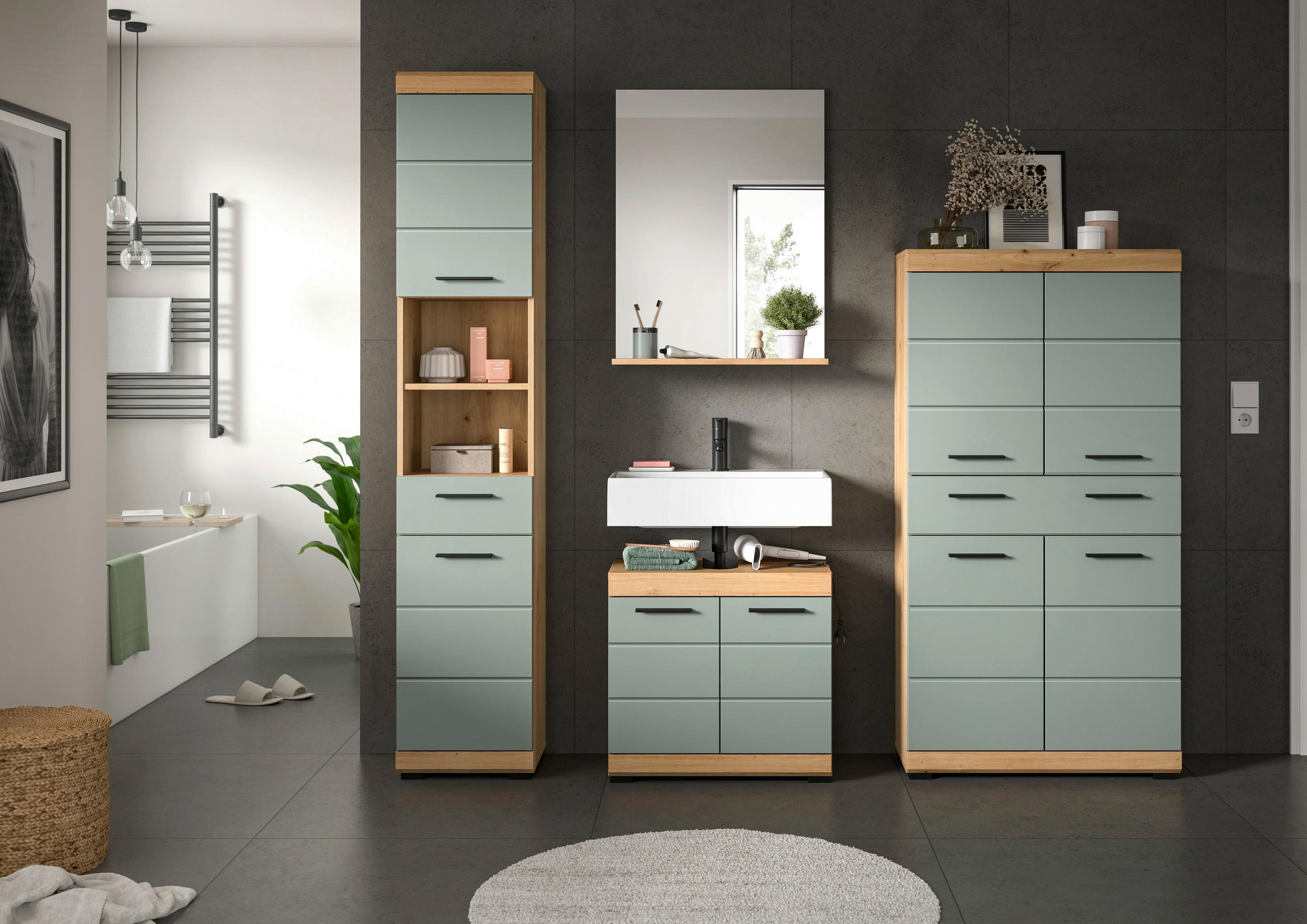BADEZIMMER 4-teilig  in 191 cm  - Salbeigrün/Schwarz, MODERN, Glas/Holzwerkstoff (191cm) - MID.YOU