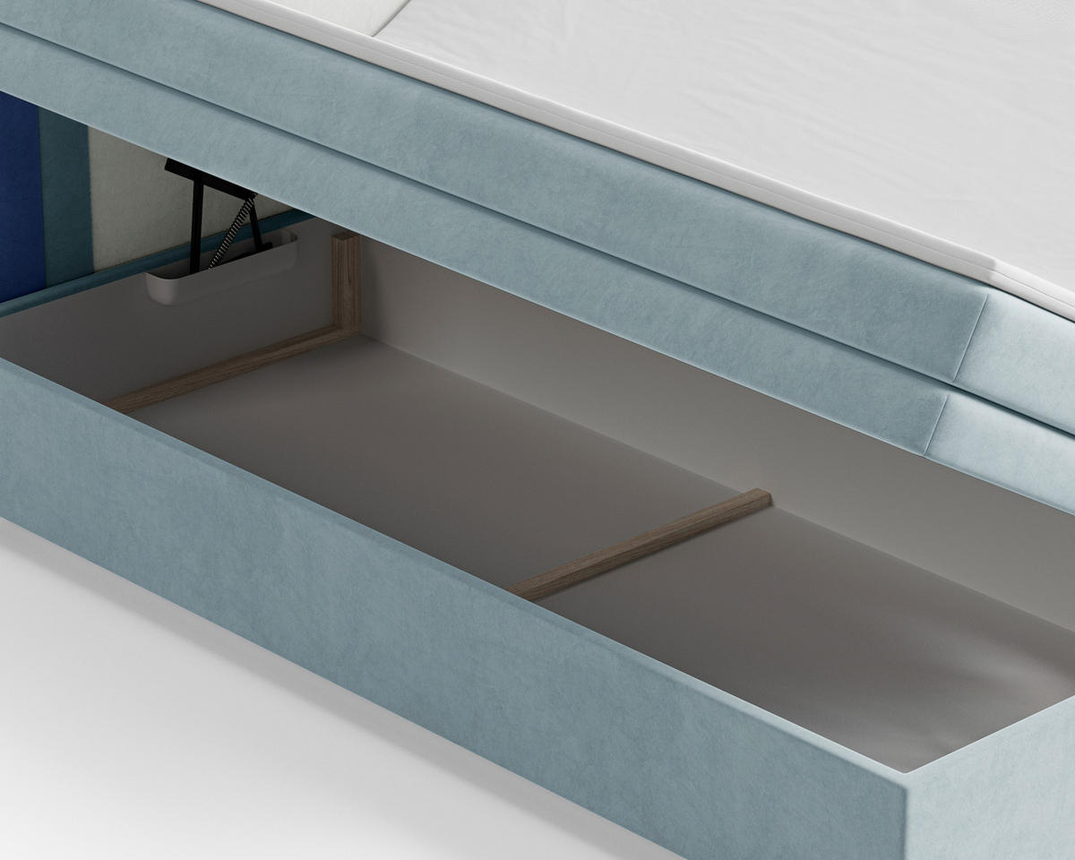 BOXBETT 180/200 cm,  in Dunkelblau, Mintgrün, Graublau, gepolstertes Kopfteil, Bettkasten, Topper, H2 + H3 = mittel + fest  - Graublau/Braun, MODERN, Holz/Kunststoff (180/200cm) - Livetastic