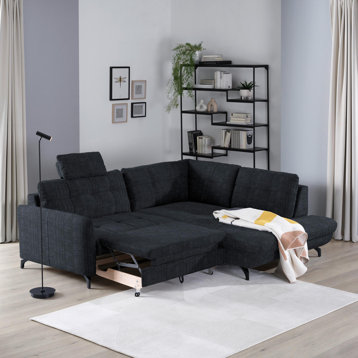 ECKSOFA in Flachgewebe, Leinenoptik Dunkelblau  - Schwarz/Dunkelblau, Modern, Textil/Metall (247/208cm) - Xora