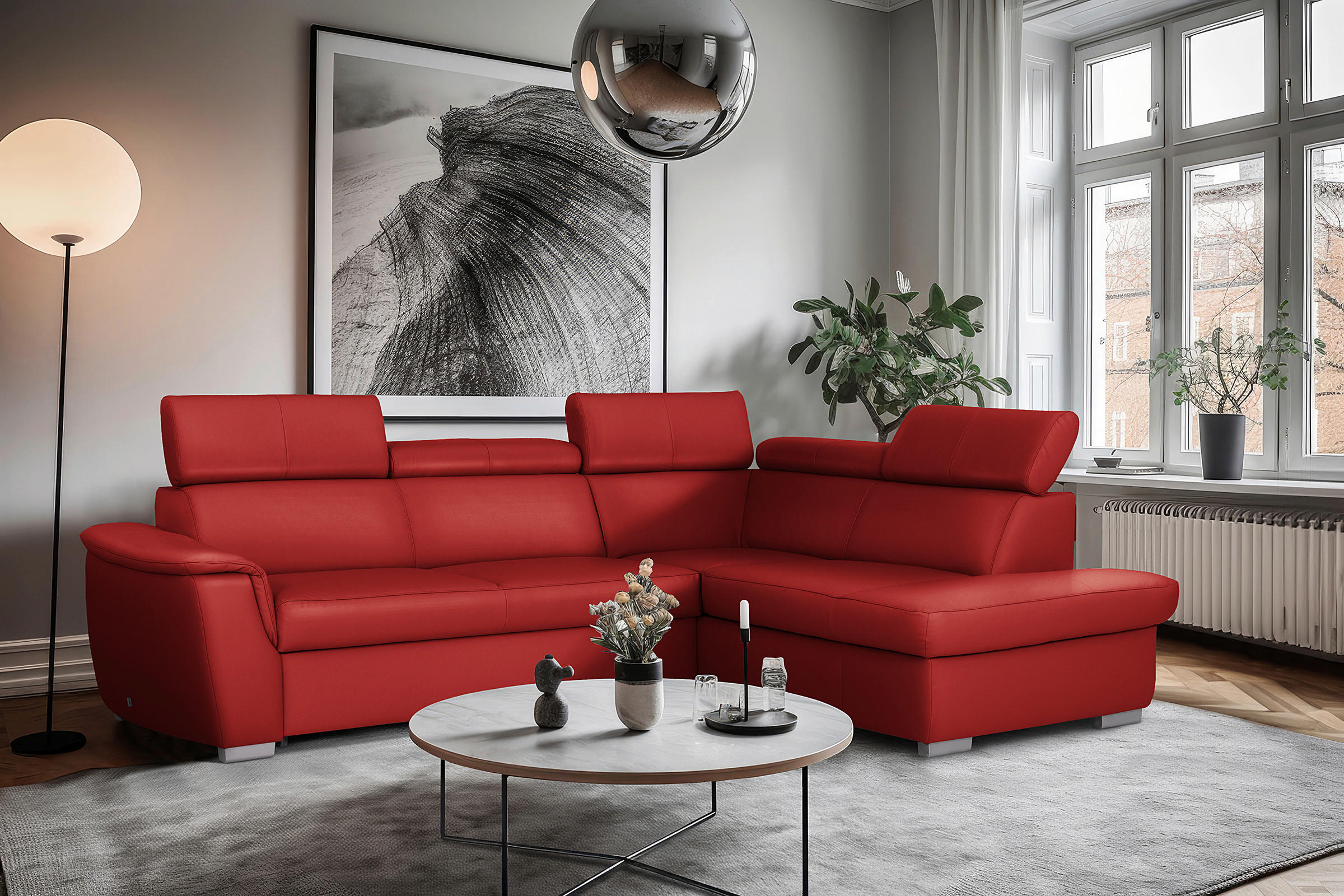 ECKSOFA  in Lederlook Echtleder Rot  - Silberfarben/Rot, Leder/Holz (262/211cm) - Celina Home