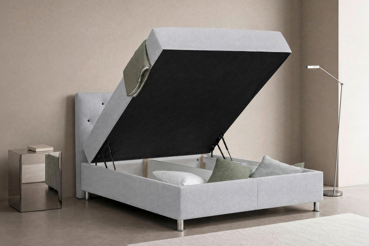 BOXBETT 160/200 cm,  in Hellgrau, Matratze, gepolstertes Kopfteil, Bettkasten, H3 = fest  - Chromfarben/Hellgrau, Design, Kunststoff/Textil (160/200cm) - Boxxx