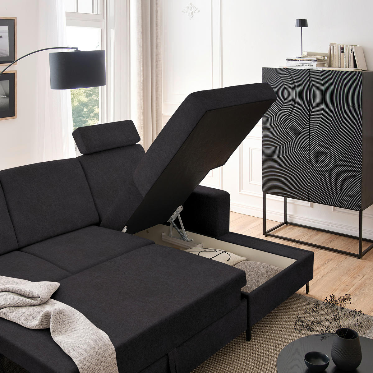 ECKSOFA in Velours Anthrazit  - Anthrazit/Schwarz, Konventionell, Textil/Metall (247/167cm) - Stylife