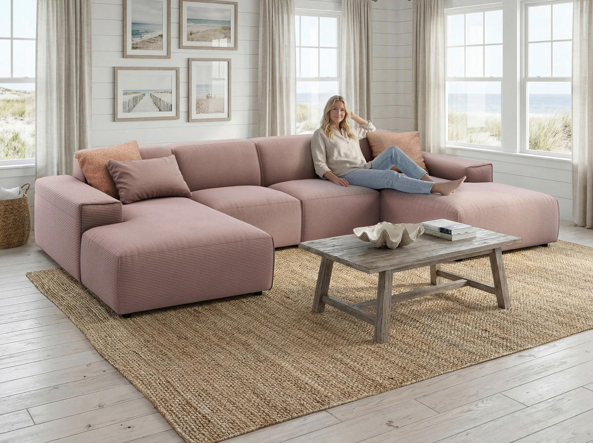 WOHNLANDSCHAFT Rosa Cord  - Schwarz/Rosa, MODERN, Kunststoff/Textil (189/340/189cm) - Pure Home Lifestyle