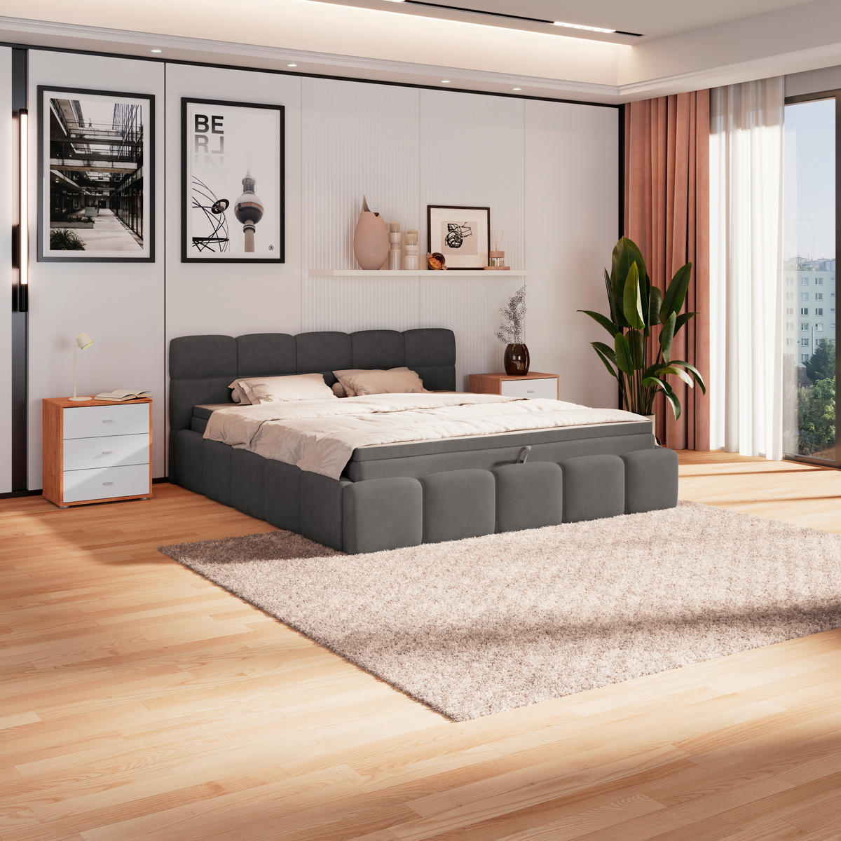 POLSTERBETT 160/200 cm,  in Anthrazit, Matratze, Bettkasten, H3 = fest  - Anthrazit/Schwarz, Trend, Kunststoff/Textil (160/200cm)